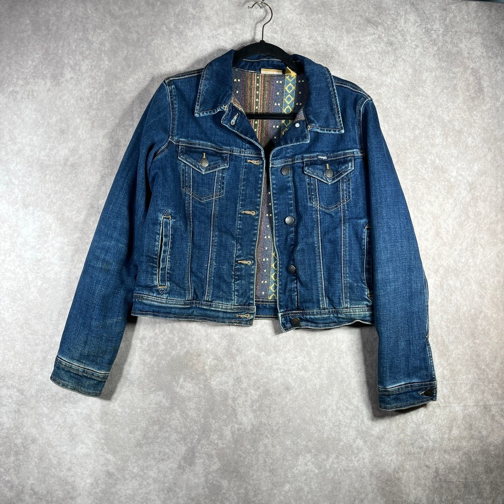 Wrangler Denim Trucker Jacket Womens Medium Blue Blanket Lined Y2K Western Aztec